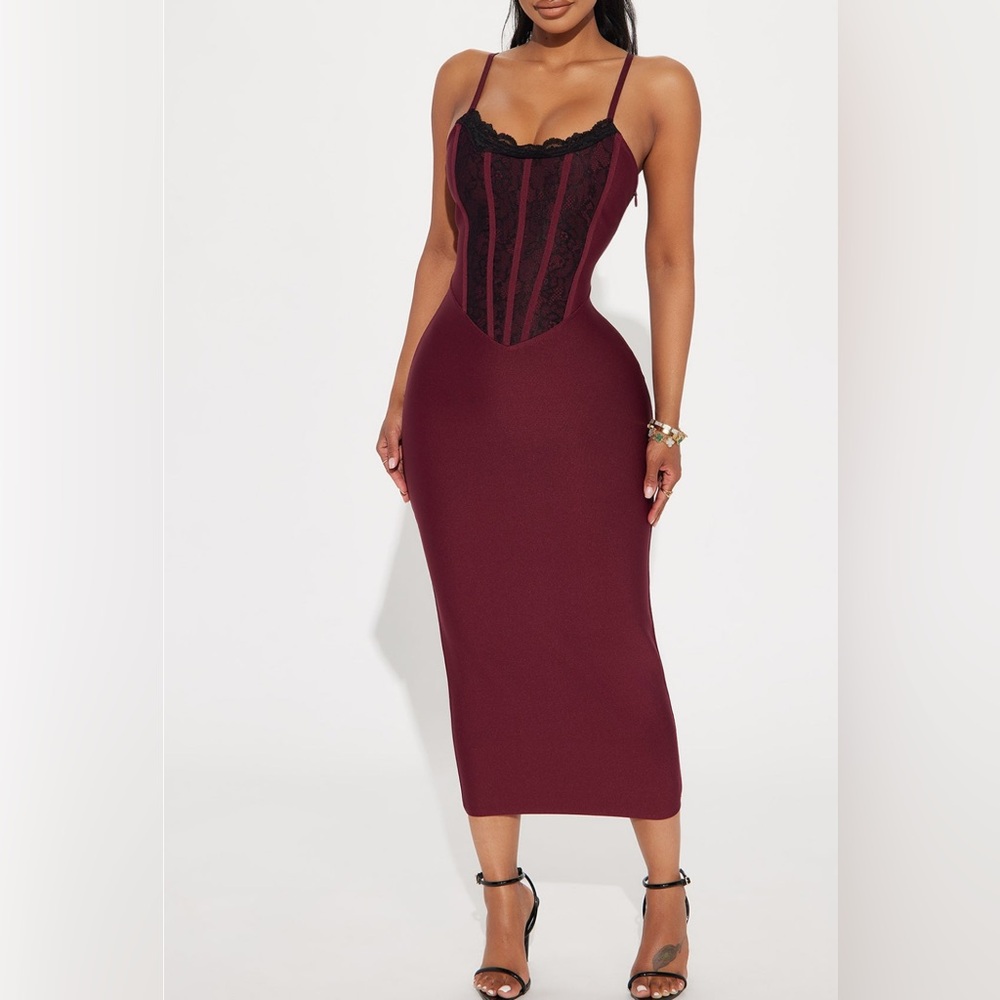 Fashion Nova Deep Red Corset Midi Dress